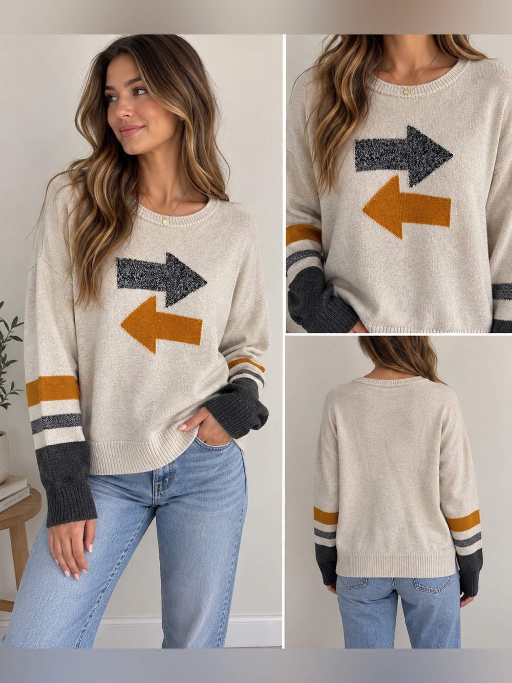 Lisa Todd | Arrow Knit Sweater Size Small | Oatmeal Crewneck Pullover